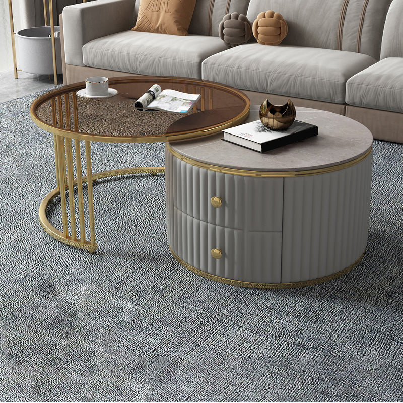 Slate and Metal Coffee Table Frame Nesting Coffee Table Set with Drawers 31.5"L x 31.5"W x 16"H + 28"L x 28"W x 14"H Brown Grey Clearhalo 'Coffee & Accent Tables' 'Coffee Tables' 'coffee_tables' 'furn' 'furn_coffee_tables' 'Furniture' 'Living Room Furniture' 7131827