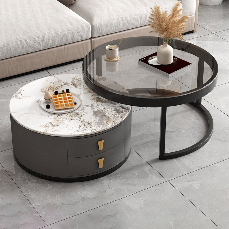 Modern Round Glass Cocktail Table Set Iron Frame Coffee Table with Drawers Clearhalo 'Coffee & Accent Tables' 'Coffee Tables' 'coffee_tables' 'furn' 'furn_coffee_tables' 'Furniture' 'Living Room Furniture' 7131884
