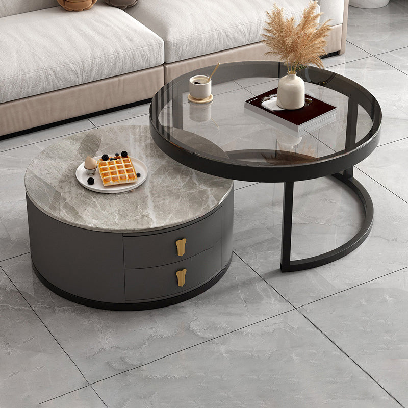 Modern Round Glass Cocktail Table Set Iron Frame Coffee Table with Drawers Glass Gray Clearhalo 'Coffee & Accent Tables' 'Coffee Tables' 'coffee_tables' 'furn' 'furn_coffee_tables' 'Furniture' 'Living Room Furniture' 7131887