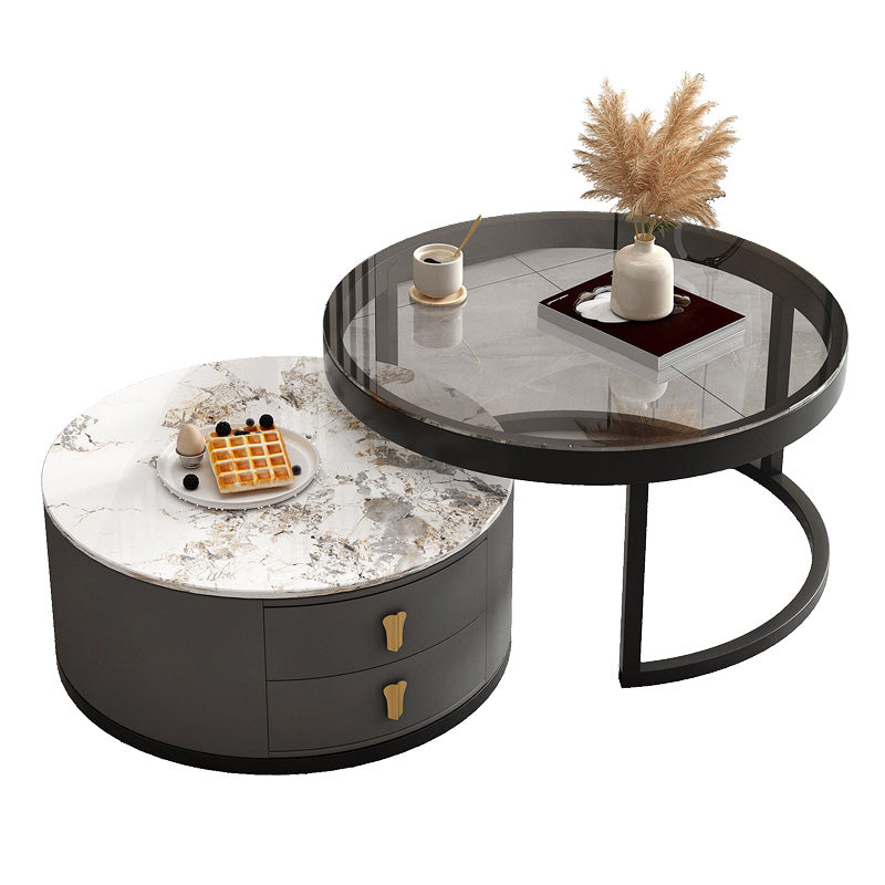 Modern Round Glass Cocktail Table Set Iron Frame Coffee Table with Drawers Clearhalo 'Coffee & Accent Tables' 'Coffee Tables' 'coffee_tables' 'furn' 'furn_coffee_tables' 'Furniture' 'Living Room Furniture' 7131890