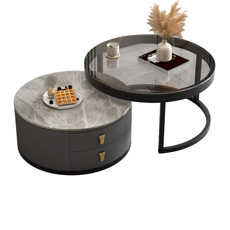 Modern Round Glass Cocktail Table Set Iron Frame Coffee Table with Drawers Clearhalo 'Coffee & Accent Tables' 'Coffee Tables' 'coffee_tables' 'furn' 'furn_coffee_tables' 'Furniture' 'Living Room Furniture' 7131895