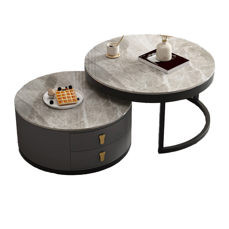Modern Round Glass Cocktail Table Set Iron Frame Coffee Table with Drawers Clearhalo 'Coffee & Accent Tables' 'Coffee Tables' 'coffee_tables' 'furn' 'furn_coffee_tables' 'Furniture' 'Living Room Furniture' 7131896