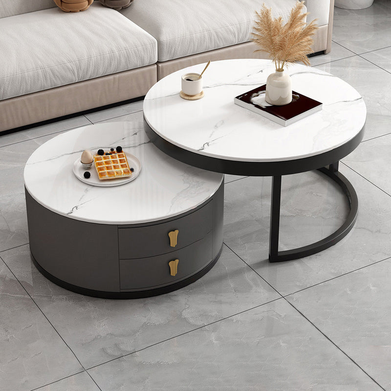 Modern Round Glass Cocktail Table Set Iron Frame Coffee Table with Drawers Stone White Clearhalo 'Coffee & Accent Tables' 'Coffee Tables' 'coffee_tables' 'furn' 'furn_coffee_tables' 'Furniture' 'Living Room Furniture' 7131899