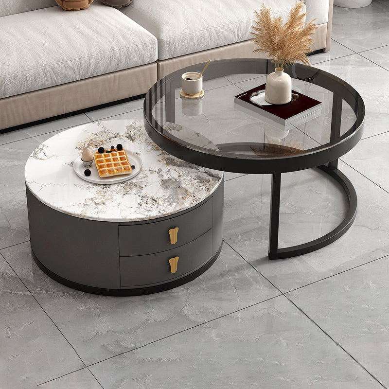 Modern Round Glass Cocktail Table Set Iron Frame Coffee Table with Drawers 31.5"L x 31.5"W x 17"H + 24"L x 24"W x 15"H Glass Pandora Gold Clearhalo 'Coffee & Accent Tables' 'Coffee Tables' 'coffee_tables' 'furn' 'furn_coffee_tables' 'Furniture' 'Living Room Furniture' 7131900
