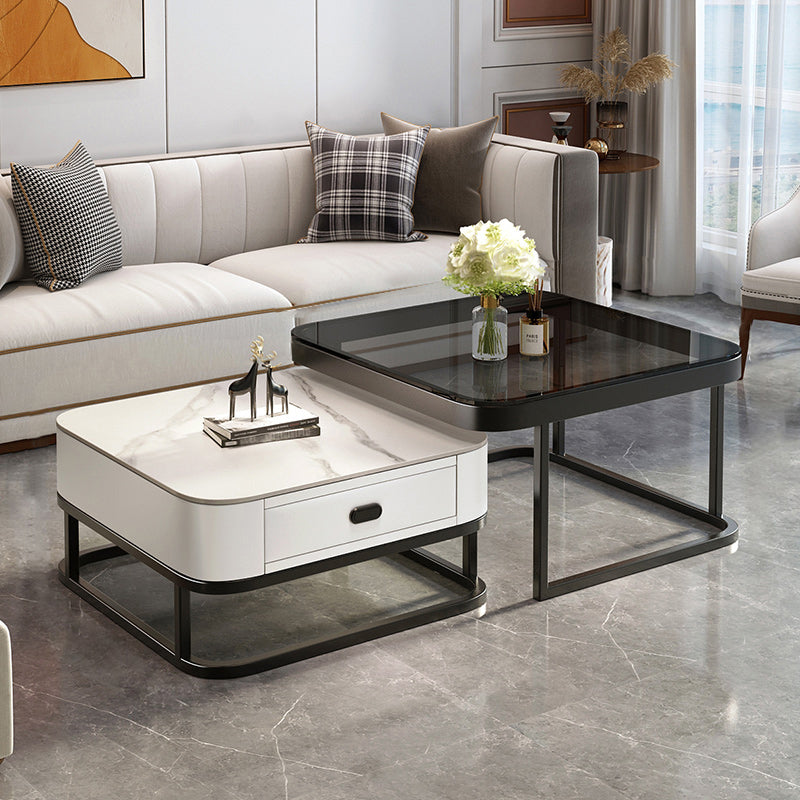 Modern 2 Nesting Glass Coffee Table Set Steel Frame Base 1 - Drawer Cocktail Table Clearhalo 'Coffee & Accent Tables' 'Coffee Tables' 'coffee_tables' 'furn' 'furn_coffee_tables' 'Furniture' 'Living Room Furniture' 7131905