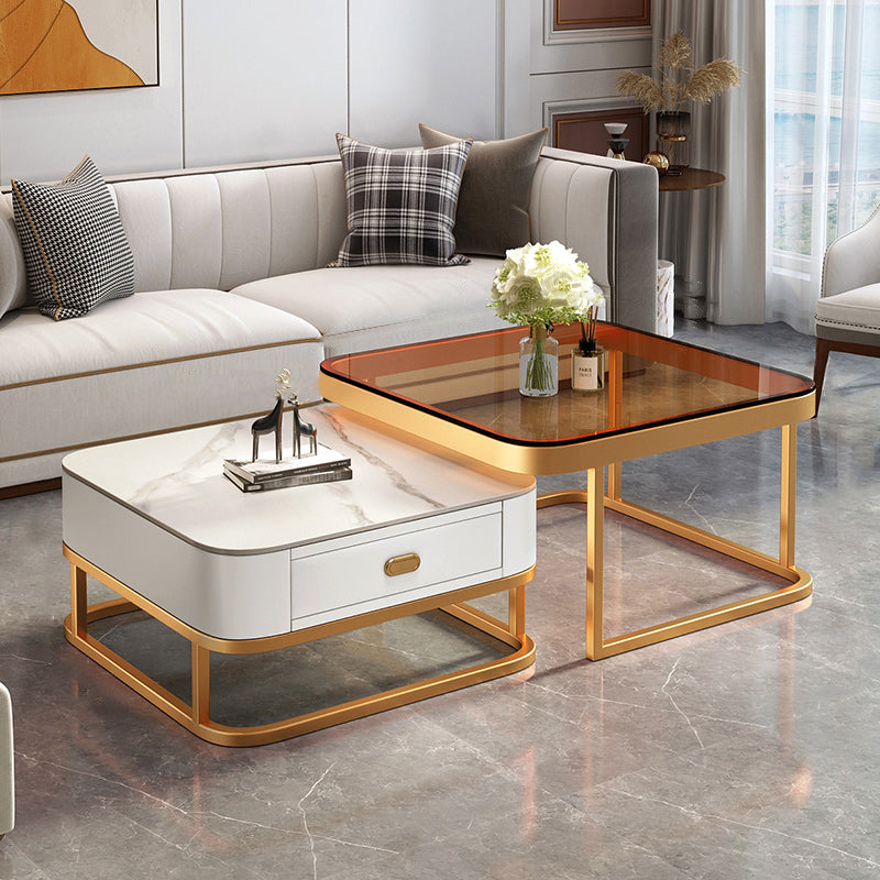 Modern 2 Nesting Glass Coffee Table Set Steel Frame Base 1 - Drawer Cocktail Table 28"L x 28"W x 18"H + 24"L x 24"W x 15"H Gold White Clearhalo 'Coffee & Accent Tables' 'Coffee Tables' 'coffee_tables' 'furn' 'furn_coffee_tables' 'Furniture' 'Living Room Furniture' 7131906