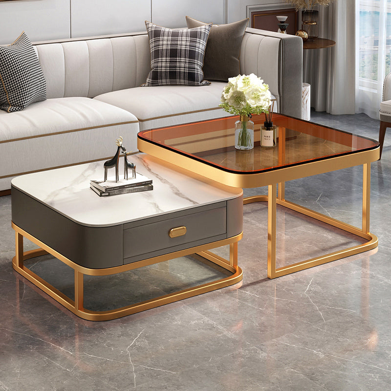 Modern 2 Nesting Glass Coffee Table Set Steel Frame Base 1 - Drawer Cocktail Table Clearhalo 'Coffee & Accent Tables' 'Coffee Tables' 'coffee_tables' 'furn' 'furn_coffee_tables' 'Furniture' 'Living Room Furniture' 7131908