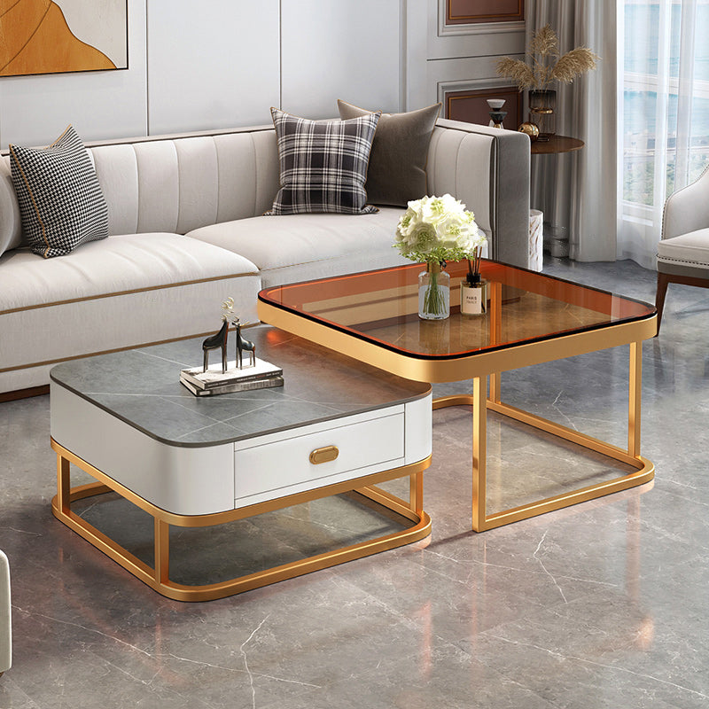 Modern 2 Nesting Glass Coffee Table Set Steel Frame Base 1 - Drawer Cocktail Table 28"L x 28"W x 18"H + 24"L x 24"W x 15"H Gold Grey White Clearhalo 'Coffee & Accent Tables' 'Coffee Tables' 'coffee_tables' 'furn' 'furn_coffee_tables' 'Furniture' 'Living Room Furniture' 7131913