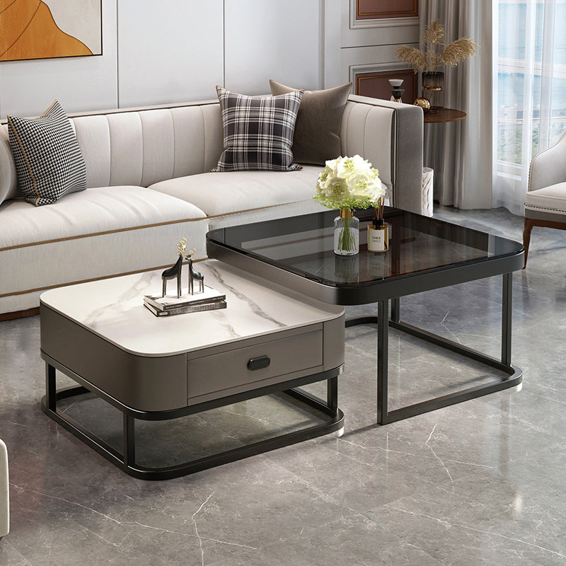 Modern 2 Nesting Glass Coffee Table Set Steel Frame Base 1 - Drawer Cocktail Table 28"L x 28"W x 18"H + 24"L x 24"W x 15"H Black White Grey Clearhalo 'Coffee & Accent Tables' 'Coffee Tables' 'coffee_tables' 'furn' 'furn_coffee_tables' 'Furniture' 'Living Room Furniture' 7131915