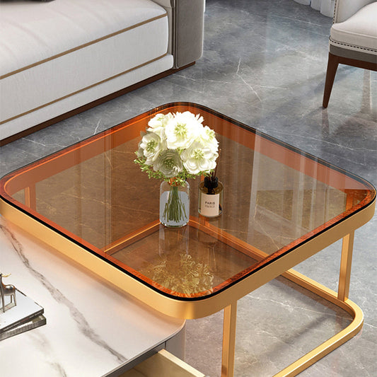 Modern 2 Nesting Glass Coffee Table Set Steel Frame Base 1 - Drawer Cocktail Table Clearhalo 'Coffee & Accent Tables' 'Coffee Tables' 'coffee_tables' 'furn' 'furn_coffee_tables' 'Furniture' 'Living Room Furniture' 7131922