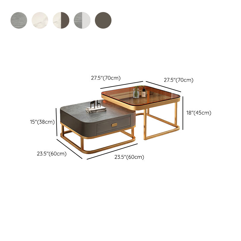 Modern 2 Nesting Glass Coffee Table Set Steel Frame Base 1 - Drawer Cocktail Table Clearhalo 'Coffee & Accent Tables' 'Coffee Tables' 'coffee_tables' 'furn' 'furn_coffee_tables' 'Furniture' 'Living Room Furniture' 7131924