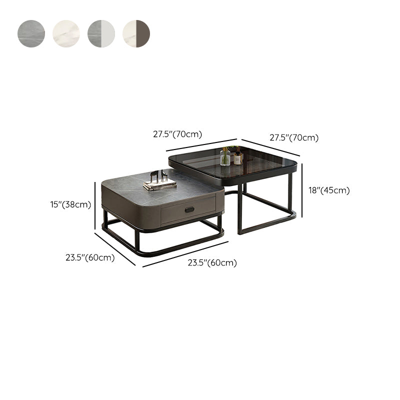 Modern 2 Nesting Glass Coffee Table Set Steel Frame Base 1 - Drawer Cocktail Table Clearhalo 'Coffee & Accent Tables' 'Coffee Tables' 'coffee_tables' 'furn' 'furn_coffee_tables' 'Furniture' 'Living Room Furniture' 7131925