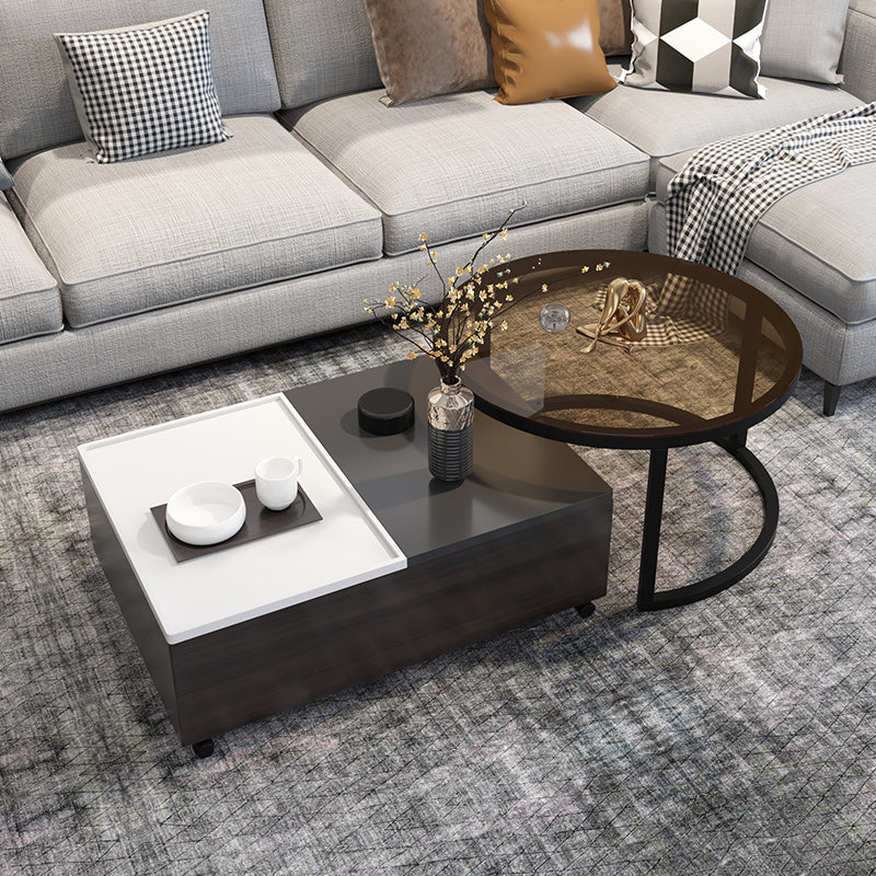 Modern 2 Nesting Coffee Table Set 31.5" W Glass & Wood Cocktail Table with Storage 31"L x 22"W x 14"H+28"L x 28"W x 18"H Walnut-White-Grey Clearhalo 'Coffee & Accent Tables' 'Coffee Tables' 'coffee_tables' 'furn' 'furn_coffee_tables' 'Furniture' 'Living Room Furniture' 7131945