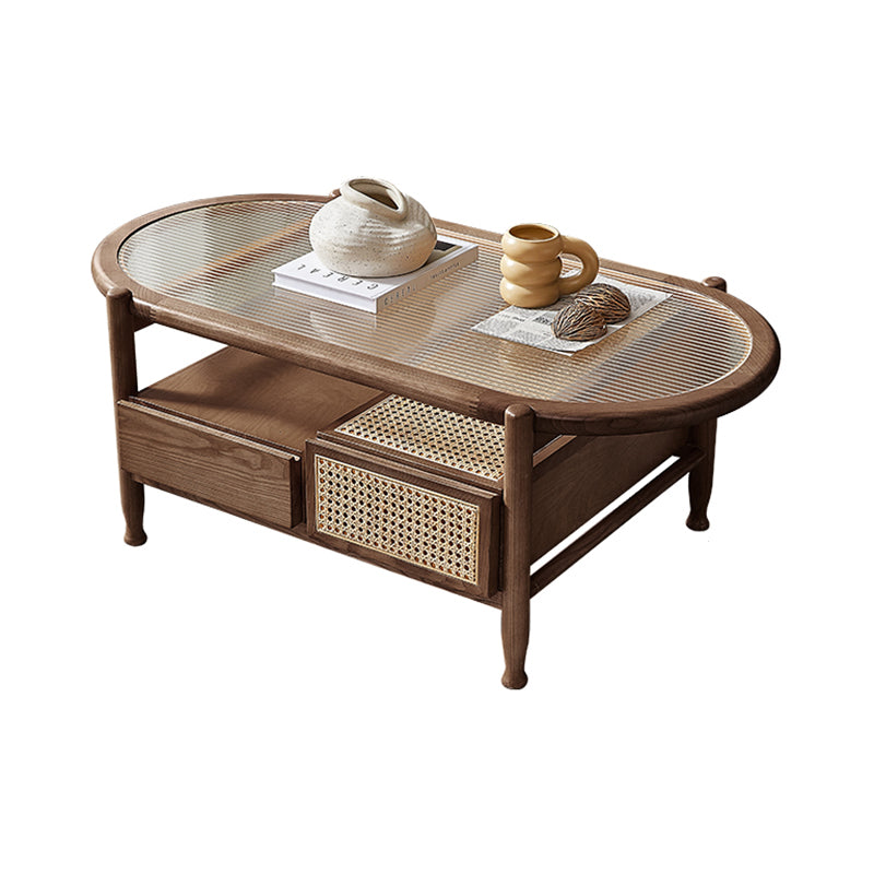 4 Legs Tropical Glass Coffee Table No Distressing Bunching Tables with Shelf 43"L x 22"W x 16.5"H Walnut Clearhalo 'Coffee & Accent Tables' 'Coffee Tables' 'coffee_tables' 'furn' 'furn_coffee_tables' 'Furniture' 'Living Room Furniture' 7132268