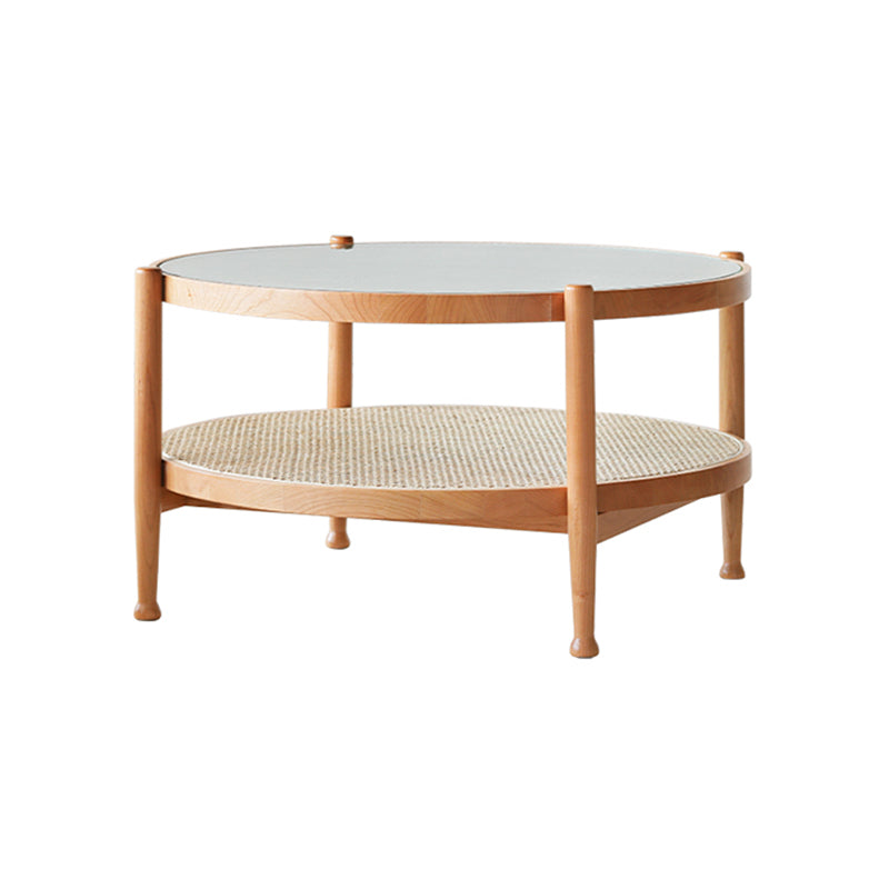 4 Legs Tropical Glass Coffee Table No Distressing Bunching Tables with Shelf 31.5"L x 31.5"W x 17.7"H Cherry Wood Clearhalo 'Coffee & Accent Tables' 'Coffee Tables' 'coffee_tables' 'furn' 'furn_coffee_tables' 'Furniture' 'Living Room Furniture' 7132274