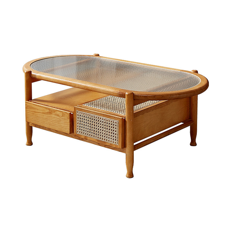 4 Legs Tropical Glass Coffee Table No Distressing Bunching Tables with Shelf 43"L x 22"W x 16.5"H Cherry Wood Clearhalo 'Coffee & Accent Tables' 'Coffee Tables' 'coffee_tables' 'furn' 'furn_coffee_tables' 'Furniture' 'Living Room Furniture' 7132277