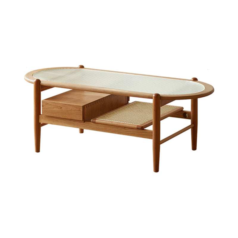 4 Legs Tropical Glass Coffee Table No Distressing Bunching Tables with Shelf 51"L x 22"W x 16.5"H Cherry Wood Clearhalo 'Coffee & Accent Tables' 'Coffee Tables' 'coffee_tables' 'furn' 'furn_coffee_tables' 'Furniture' 'Living Room Furniture' 7132278