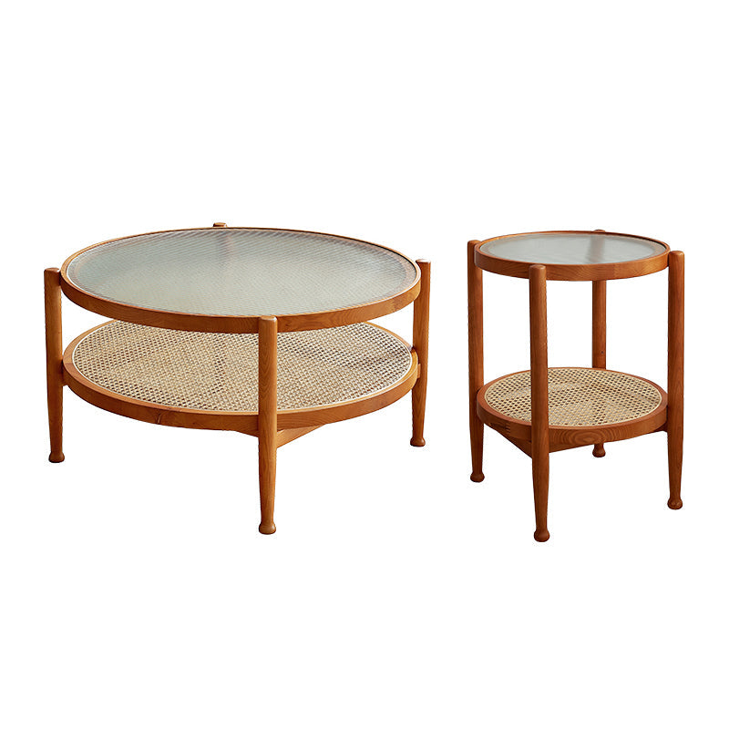 4 Legs Tropical Glass Coffee Table No Distressing Bunching Tables with Shelf 35"L x 35"W x 18"H+20"L x 20"W x 24"H Cherry Wood Clearhalo 'Coffee & Accent Tables' 'Coffee Tables' 'coffee_tables' 'furn' 'furn_coffee_tables' 'Furniture' 'Living Room Furniture' 7132280