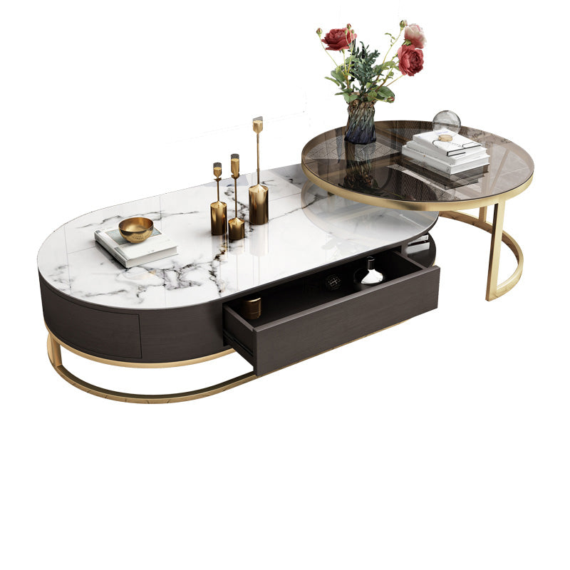 Frame Oval Coffee Table Glam Nesting Coffee Table Set with Drawer 51"L x 28"W x 14"H + 31"L x 31"W x 18"H White Glass Clearhalo 'Coffee & Accent Tables' 'Coffee Tables' 'coffee_tables' 'furn' 'furn_coffee_tables' 'Furniture' 'Living Room Furniture' 7132425