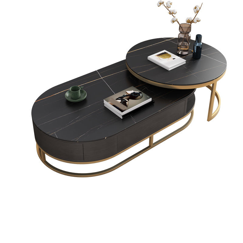 Frame Oval Coffee Table Glam Nesting Coffee Table Set with Drawer 51"L x 28"W x 14"H + 31"L x 31"W x 18"H Black Stone Clearhalo 'Coffee & Accent Tables' 'Coffee Tables' 'coffee_tables' 'furn' 'furn_coffee_tables' 'Furniture' 'Living Room Furniture' 7132427