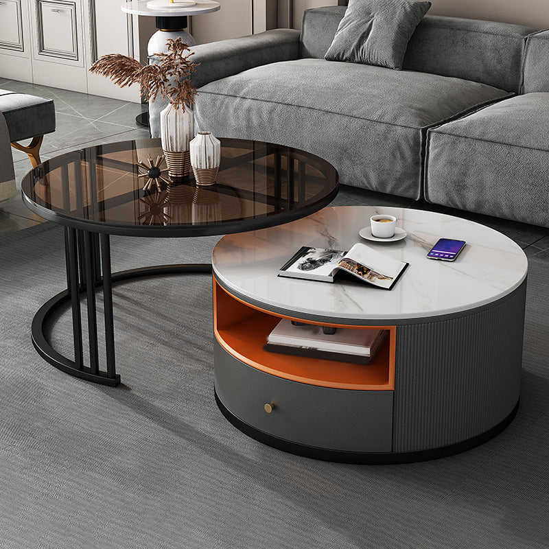 Round Coffee Table Set Frame Nesting Coffee Table Set with 2 Drawers White Glass & Stone Clearhalo 'Coffee & Accent Tables' 'Coffee Tables' 'coffee_tables' 'furn' 'furn_coffee_tables' 'Furniture' 'Living Room Furniture' 7132437
