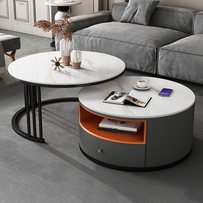 Round Coffee Table Set Frame Nesting Coffee Table Set with 2 Drawers White Stone Clearhalo 'Coffee & Accent Tables' 'Coffee Tables' 'coffee_tables' 'furn' 'furn_coffee_tables' 'Furniture' 'Living Room Furniture' 7132439