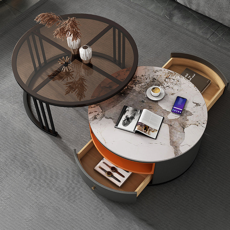 Round Coffee Table Set Frame Nesting Coffee Table Set with 2 Drawers 28"L x 28"W x 18"H + 24"L x 24"W x 16"H Marble Glass & Stone Clearhalo 'Coffee & Accent Tables' 'Coffee Tables' 'coffee_tables' 'furn' 'furn_coffee_tables' 'Furniture' 'Living Room Furniture' 7132440