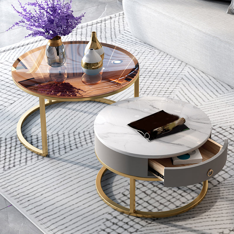 No Distressing Round Coffee Table Frame Nesting Coffee Table Set with Drawer Clearhalo 'Coffee & Accent Tables' 'Coffee Tables' 'coffee_tables' 'furn' 'furn_coffee_tables' 'Furniture' 'Living Room Furniture' 7132472