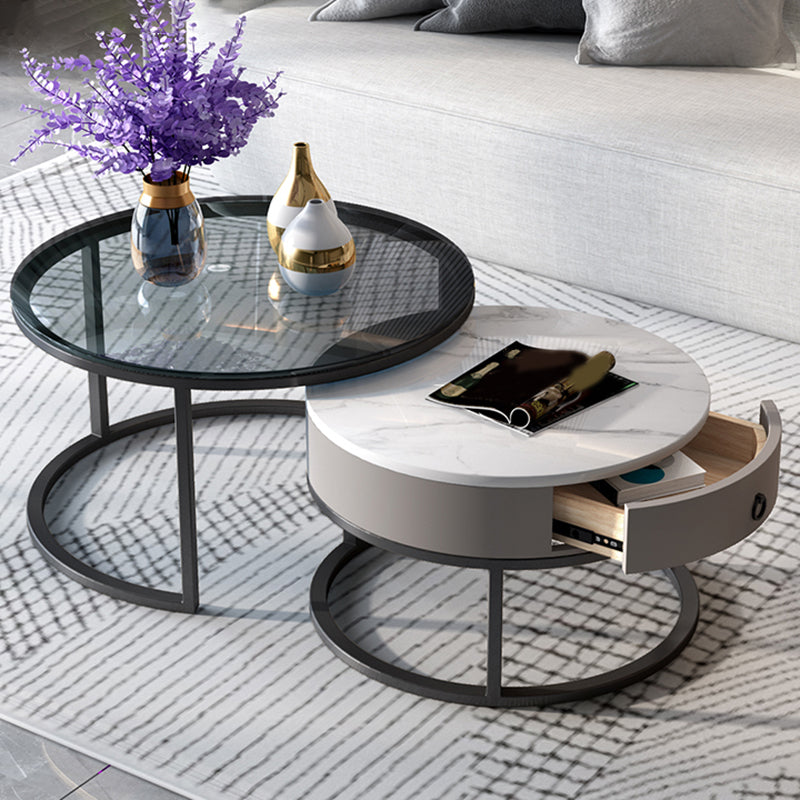 No Distressing Round Coffee Table Frame Nesting Coffee Table Set with Drawer Grey Black Clearhalo 'Coffee & Accent Tables' 'Coffee Tables' 'coffee_tables' 'furn' 'furn_coffee_tables' 'Furniture' 'Living Room Furniture' 7132473