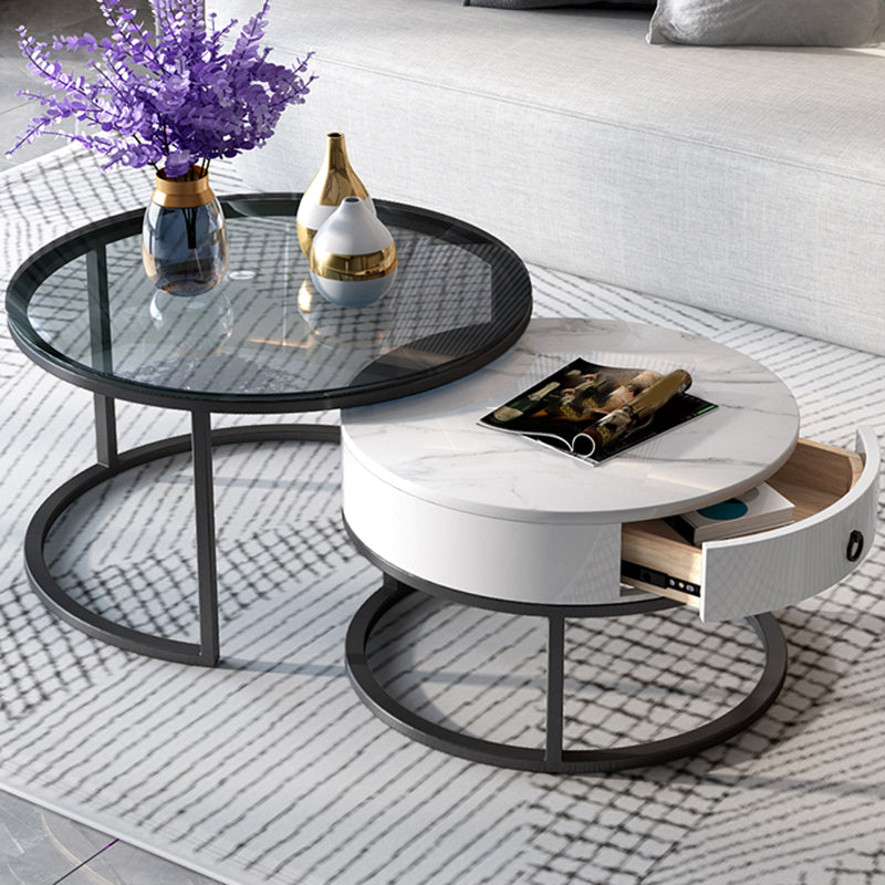No Distressing Round Coffee Table Frame Nesting Coffee Table Set with Drawer White Black Clearhalo 'Coffee & Accent Tables' 'Coffee Tables' 'coffee_tables' 'furn' 'furn_coffee_tables' 'Furniture' 'Living Room Furniture' 7132476