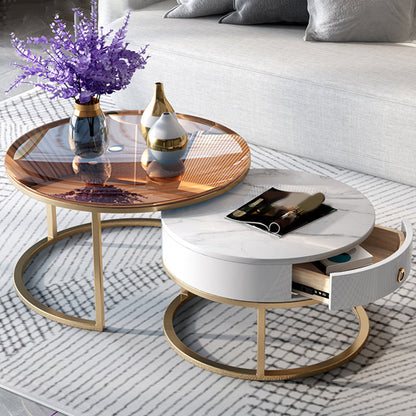 No Distressing Round Coffee Table Frame Nesting Coffee Table Set with Drawer White Gold Clearhalo 'Coffee & Accent Tables' 'Coffee Tables' 'coffee_tables' 'furn' 'furn_coffee_tables' 'Furniture' 'Living Room Furniture' 7132478