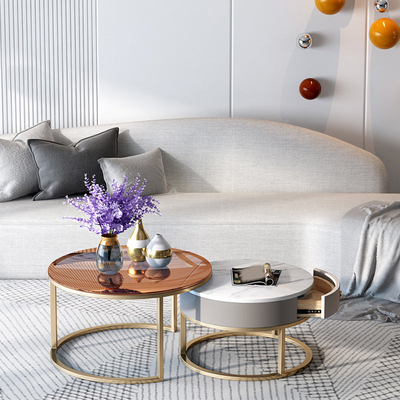 No Distressing Round Coffee Table Frame Nesting Coffee Table Set with Drawer Clearhalo 'Coffee & Accent Tables' 'Coffee Tables' 'coffee_tables' 'furn' 'furn_coffee_tables' 'Furniture' 'Living Room Furniture' 7132490