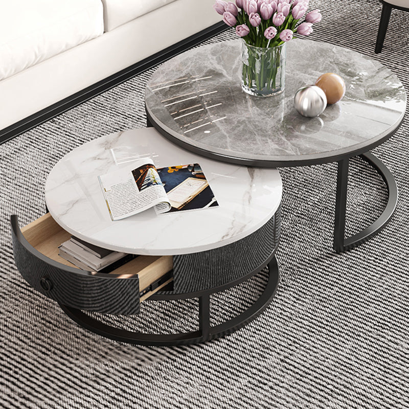 Slate Round Frame Coffee Table Modern Nesting Coffee Table Set with Drawer Grey Black Clearhalo 'Coffee & Accent Tables' 'Coffee Tables' 'coffee_tables' 'furn' 'furn_coffee_tables' 'Furniture' 'Living Room Furniture' 7132530