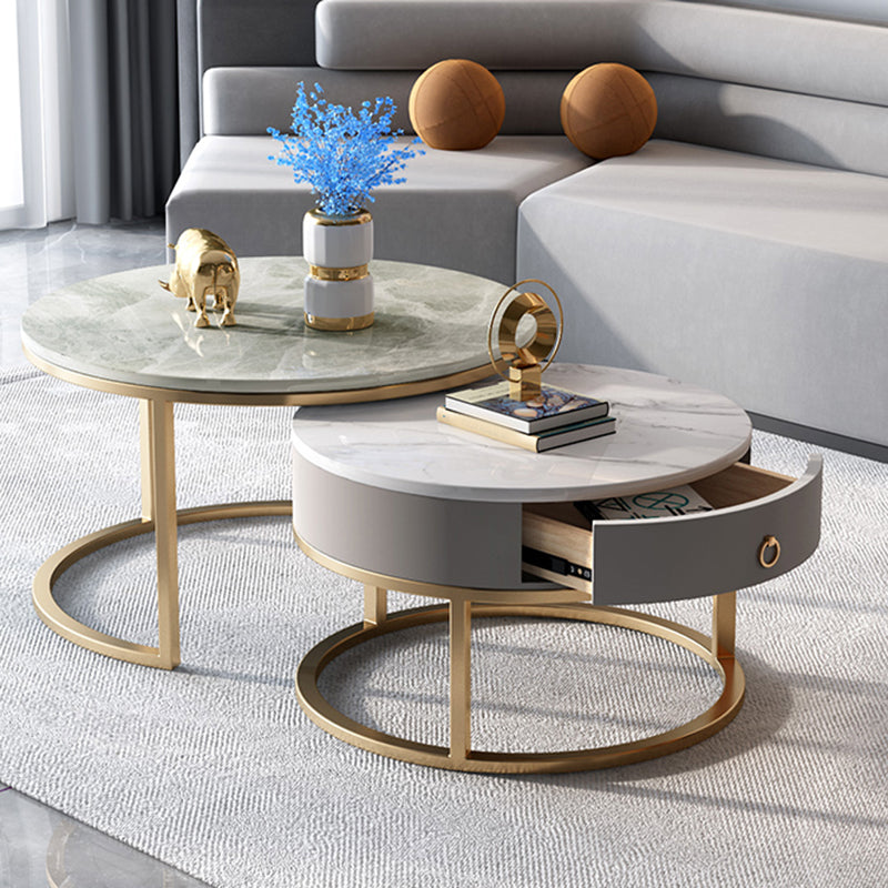 Slate Round Frame Coffee Table Modern Nesting Coffee Table Set with Drawer Grey Gold Clearhalo 'Coffee & Accent Tables' 'Coffee Tables' 'coffee_tables' 'furn' 'furn_coffee_tables' 'Furniture' 'Living Room Furniture' 7132531