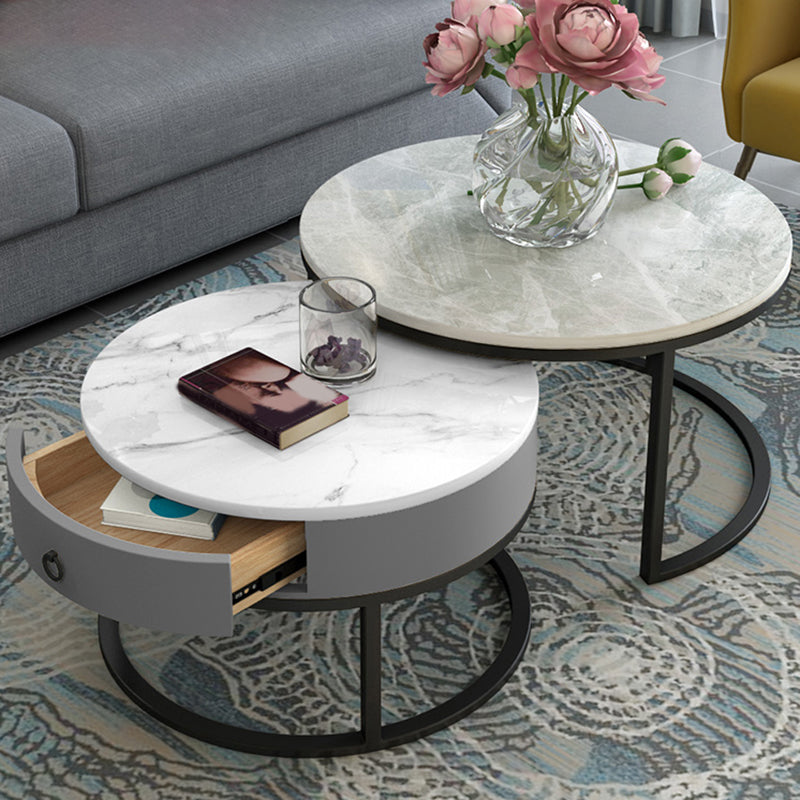 Slate Round Frame Coffee Table Modern Nesting Coffee Table Set with Drawer Gray-White Black Clearhalo 'Coffee & Accent Tables' 'Coffee Tables' 'coffee_tables' 'furn' 'furn_coffee_tables' 'Furniture' 'Living Room Furniture' 7132534
