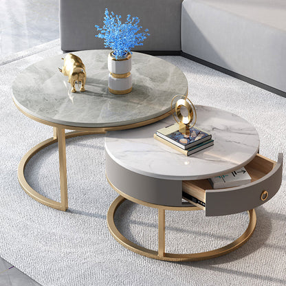Slate Round Frame Coffee Table Modern Nesting Coffee Table Set with Drawer Gray-White Gold Clearhalo 'Coffee & Accent Tables' 'Coffee Tables' 'coffee_tables' 'furn' 'furn_coffee_tables' 'Furniture' 'Living Room Furniture' 7132535