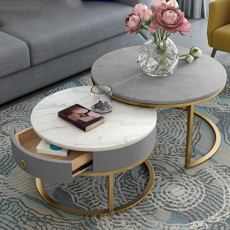 Slate Round Frame Coffee Table Modern Nesting Coffee Table Set with Drawer Marble Gray Gold Clearhalo 'Coffee & Accent Tables' 'Coffee Tables' 'coffee_tables' 'furn' 'furn_coffee_tables' 'Furniture' 'Living Room Furniture' 7132539