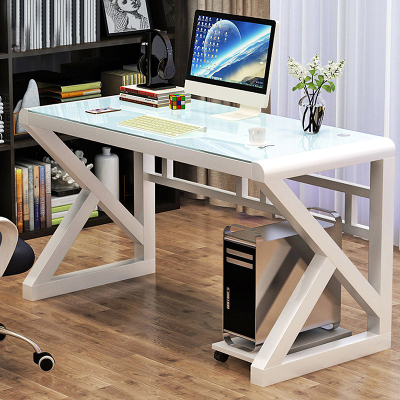 Modern Glass Top Gaming Desk 29.53" Tall Rectangular Computer Desk with Steel Legs White Clearhalo 'furn' 'furn_office_desk' 'Furniture' 'Office Desks' 'Office Furniture' 'office_desk' 7134329