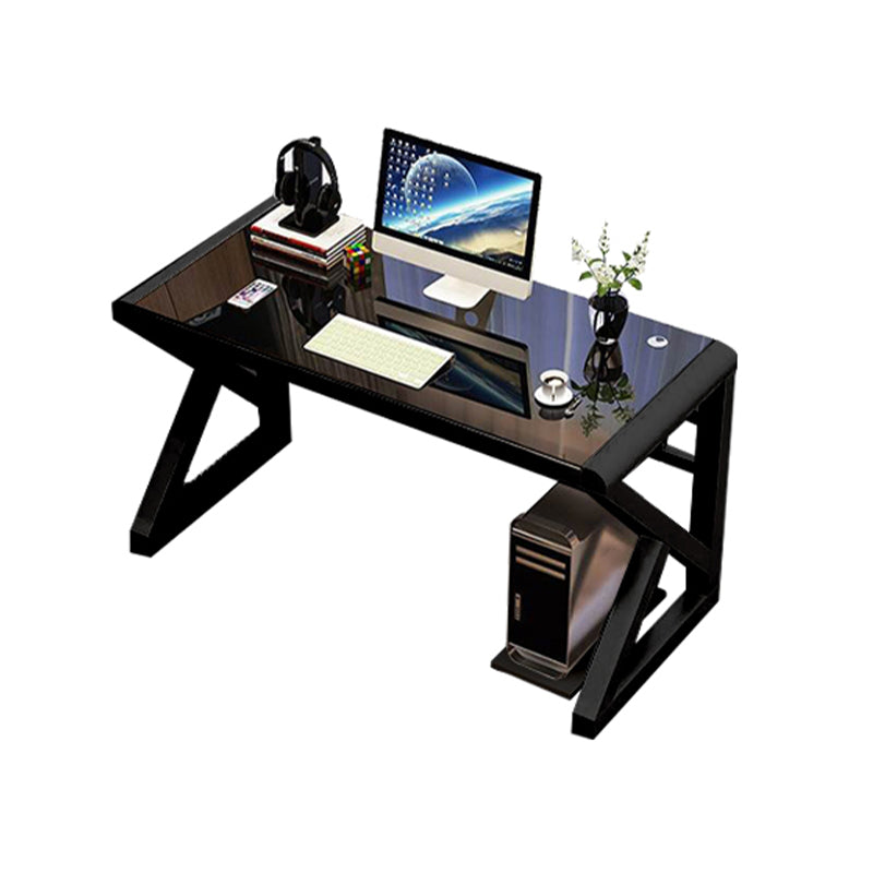 Modern Glass Top Gaming Desk 29.53" Tall Rectangular Computer Desk with Steel Legs Clearhalo 'furn' 'furn_office_desk' 'Furniture' 'Office Desks' 'Office Furniture' 'office_desk' 7134335