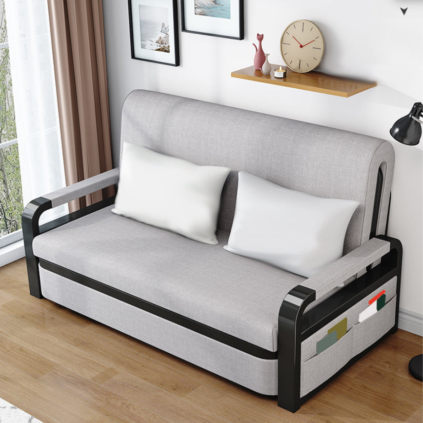 Tessuto moderno di divano futon con cuscino di stoccaggio posteriore braccia quadrata.