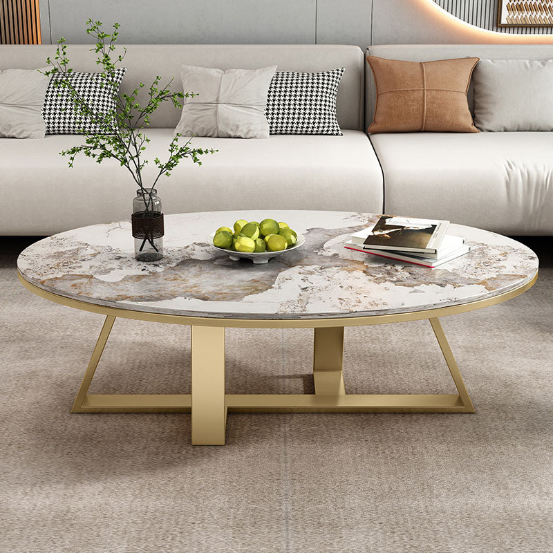 Metal Cross Legs Cocktail Table Luxurious Oval Stone Top Coffee Table Clearhalo 'Coffee & Accent Tables' 'Coffee Tables' 'coffee_tables' 'furn' 'furn_coffee_tables' 'Furniture' 'Living Room Furniture' 7135492