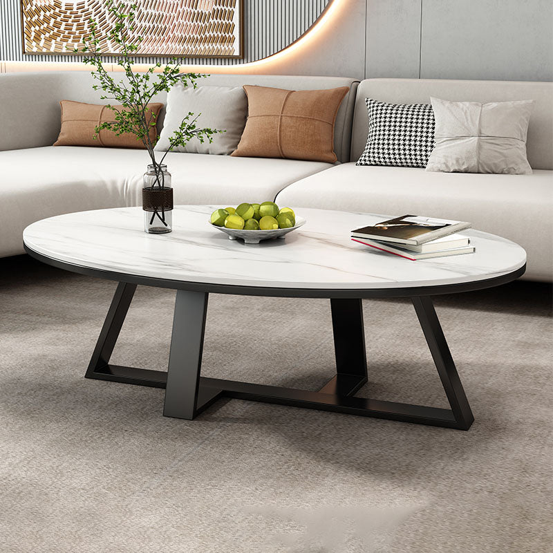 Metal Cross Legs Cocktail Table Luxurious Oval Stone Top Coffee Table Black White Clearhalo 'Coffee & Accent Tables' 'Coffee Tables' 'coffee_tables' 'furn' 'furn_coffee_tables' 'Furniture' 'Living Room Furniture' 7135493