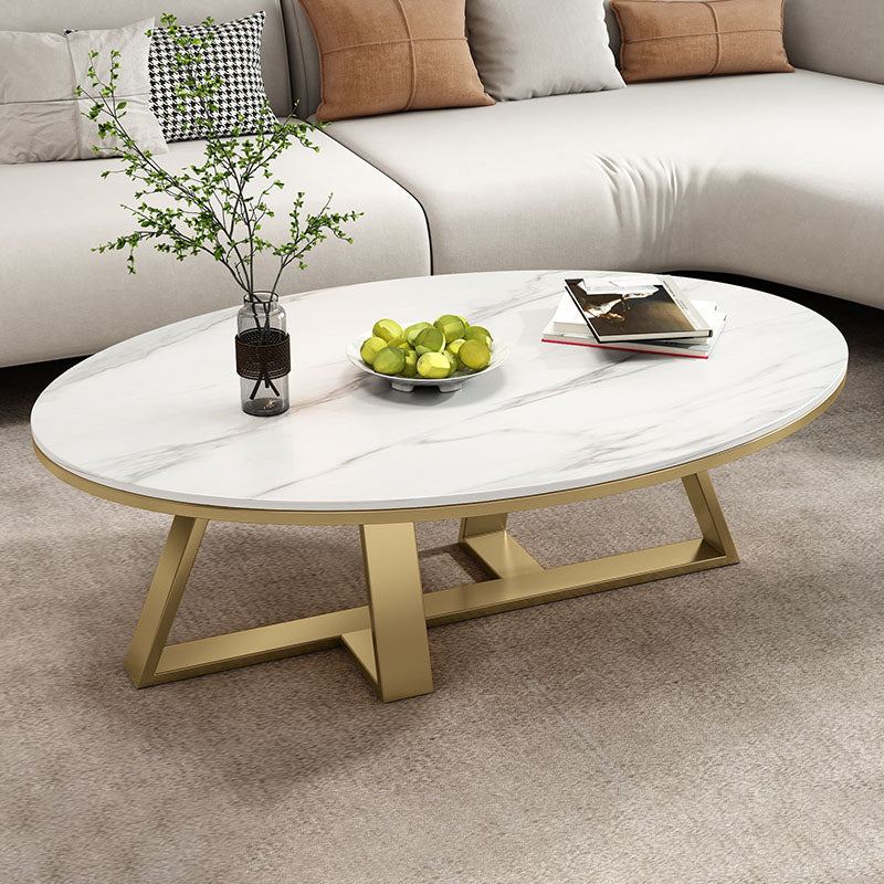 Metal Cross Legs Cocktail Table Luxurious Oval Stone Top Coffee Table Gold White Clearhalo 'Coffee & Accent Tables' 'Coffee Tables' 'coffee_tables' 'furn' 'furn_coffee_tables' 'Furniture' 'Living Room Furniture' 7135494