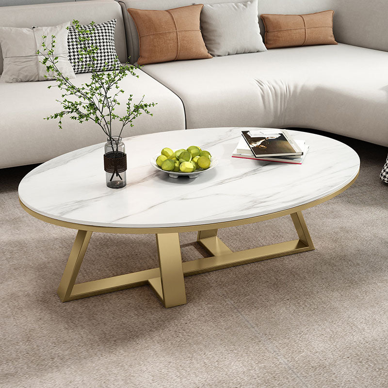 Metal Cross Legs Cocktail Table Luxurious Oval Stone Top Coffee Table Clearhalo 'Coffee & Accent Tables' 'Coffee Tables' 'coffee_tables' 'furn' 'furn_coffee_tables' 'Furniture' 'Living Room Furniture' 7135497