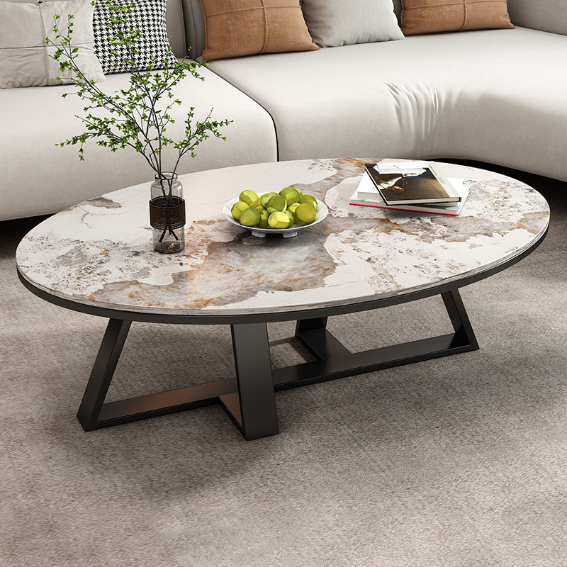 Metal Cross Legs Cocktail Table Luxurious Oval Stone Top Coffee Table Black Pandora Gold Clearhalo 'Coffee & Accent Tables' 'Coffee Tables' 'coffee_tables' 'furn' 'furn_coffee_tables' 'Furniture' 'Living Room Furniture' 7135498