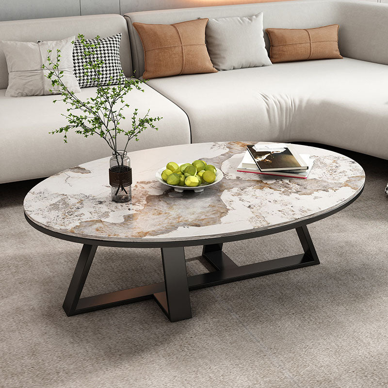 Metal Cross Legs Cocktail Table Luxurious Oval Stone Top Coffee Table Clearhalo 'Coffee & Accent Tables' 'Coffee Tables' 'coffee_tables' 'furn' 'furn_coffee_tables' 'Furniture' 'Living Room Furniture' 7135499