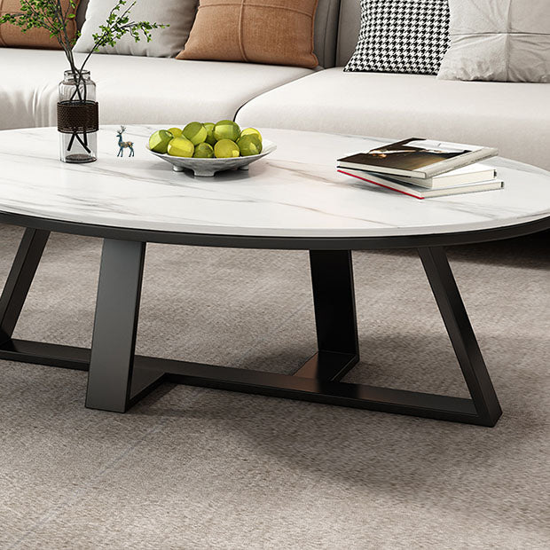 Metal Cross Legs Cocktail Table Luxurious Oval Stone Top Coffee Table Clearhalo 'Coffee & Accent Tables' 'Coffee Tables' 'coffee_tables' 'furn' 'furn_coffee_tables' 'Furniture' 'Living Room Furniture' 7135502