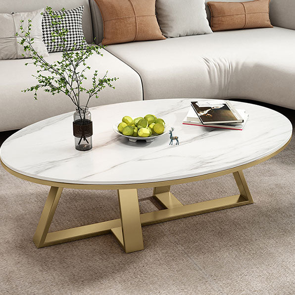 Metal Cross Legs Cocktail Table Luxurious Oval Stone Top Coffee Table Clearhalo 'Coffee & Accent Tables' 'Coffee Tables' 'coffee_tables' 'furn' 'furn_coffee_tables' 'Furniture' 'Living Room Furniture' 7135503