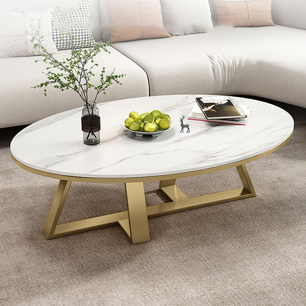 Metal Cross Legs Cocktail Table Luxurious Oval Stone Top Coffee Table Clearhalo 'Coffee & Accent Tables' 'Coffee Tables' 'coffee_tables' 'furn' 'furn_coffee_tables' 'Furniture' 'Living Room Furniture' 7135504