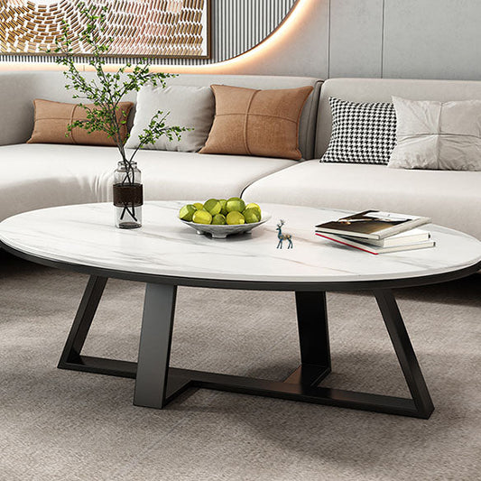 Metal Cross Legs Cocktail Table Luxurious Oval Stone Top Coffee Table Clearhalo 'Coffee & Accent Tables' 'Coffee Tables' 'coffee_tables' 'furn' 'furn_coffee_tables' 'Furniture' 'Living Room Furniture' 7135507